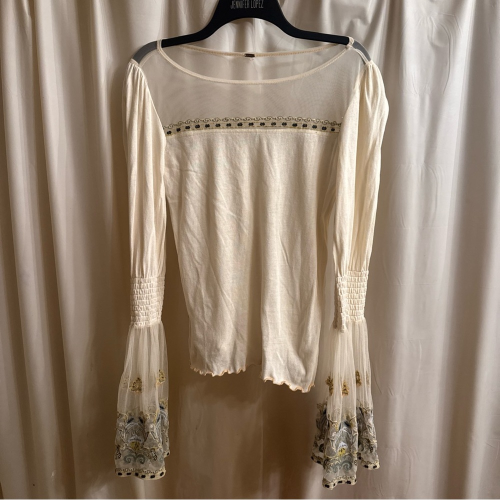 Free People Cream Embroidered Mesh Yoke Bell Sleeve Top
